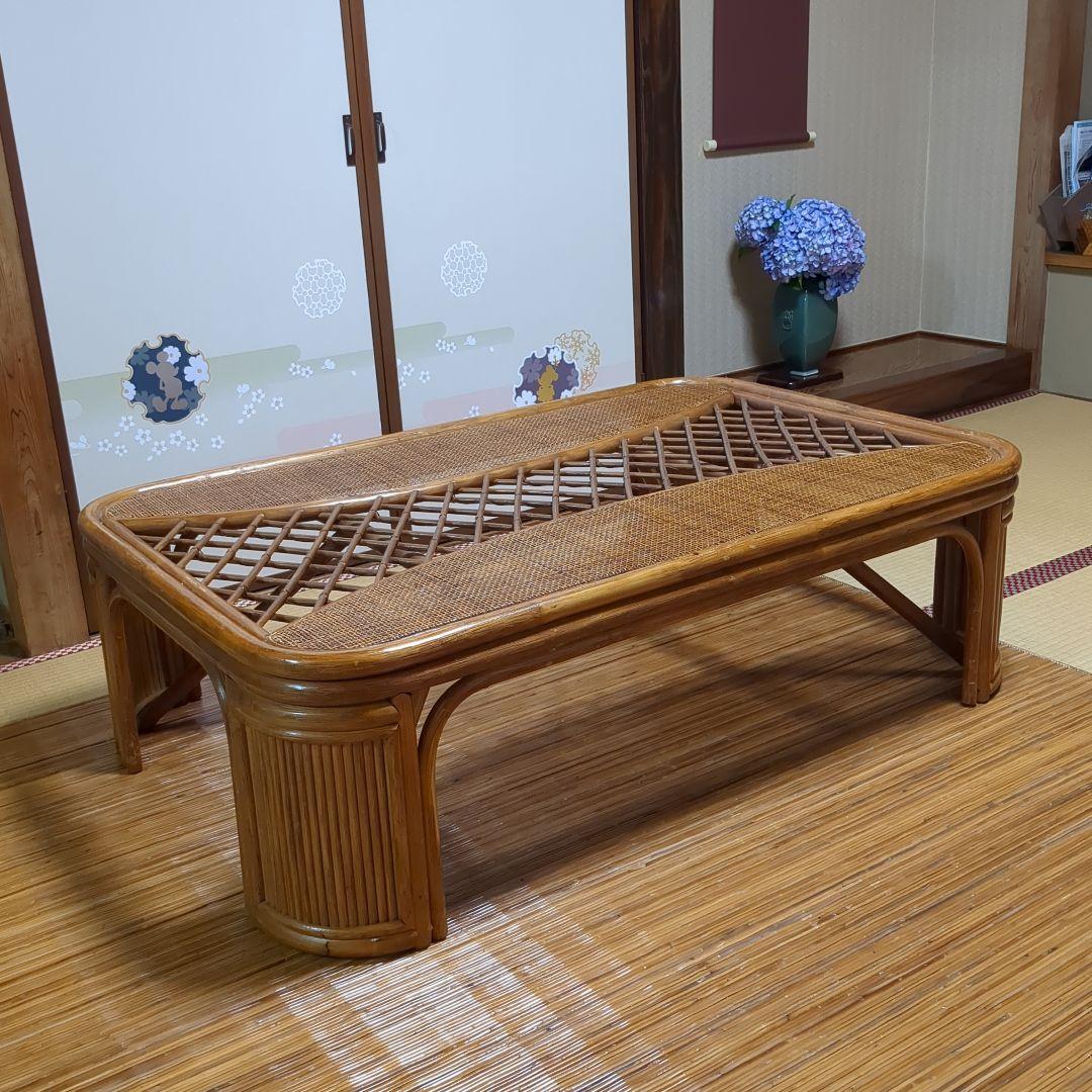 ラタン製 ガラス天板 座卓 センターテーブル ローテーブル