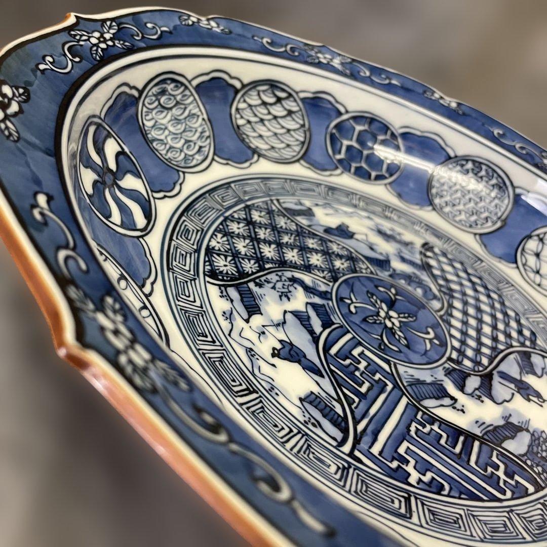 有田焼　染付　桔梗縁十寸鉢　平戸松山窯　30センチ　大皿　盛り鉢　台座付き　脚付