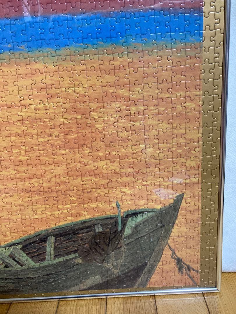 千P⑫夕日にボートと鳥　ジグソーパズル　金属額　長良川の鵜飼？夕暮れに飛ぶ鵜かね