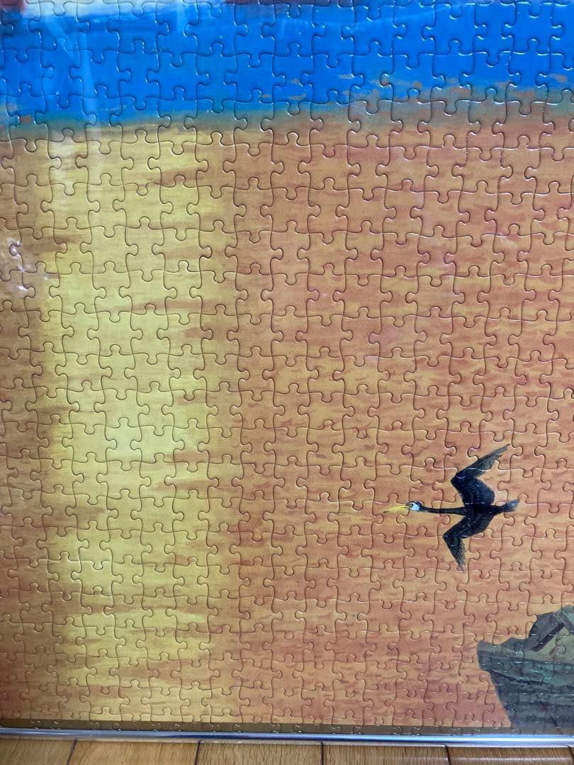 千P⑫夕日にボートと鳥　ジグソーパズル　金属額　長良川の鵜飼？夕暮れに飛ぶ鵜かね