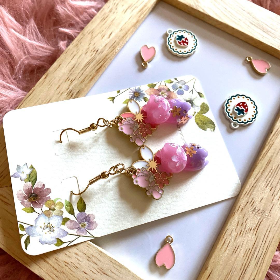 ♡桜とクマさんが可愛いSpring猫ちゃんピアス♡