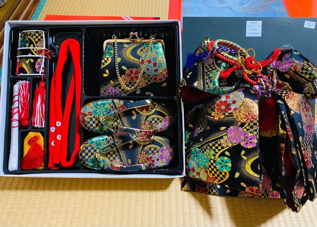 七五三　7歳　作り帯　結び帯　帯　ハコセコセット　黒系　草履　和装バック　超美品