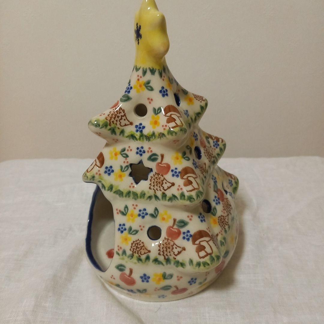 ポーリッシュポタリー　クリスマス　ツリー　キャンドルホルダー　りんごハリネズミ