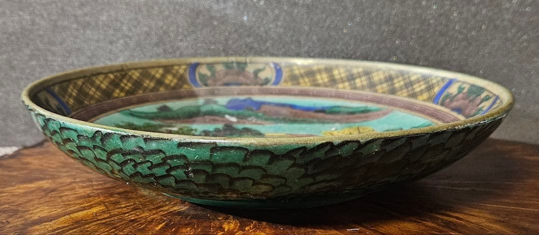 本物保証❗】江戸時代後期 古九谷 再興九谷 青手九谷 山水図 21.2cm深