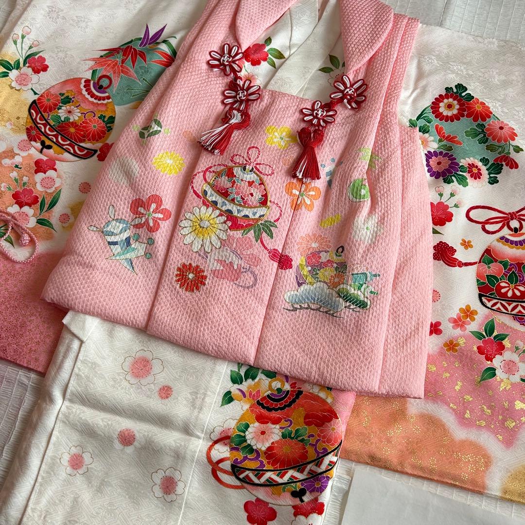 七五三 3歳 被布 着物 絹 三歳 白 ピンク 草履 753 巾着 女の子