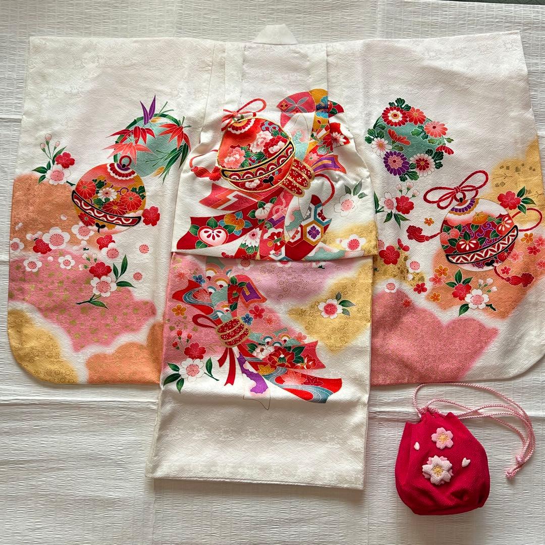 七五三 3歳 被布 着物 絹 三歳 白 ピンク 草履 753 巾着 女の子