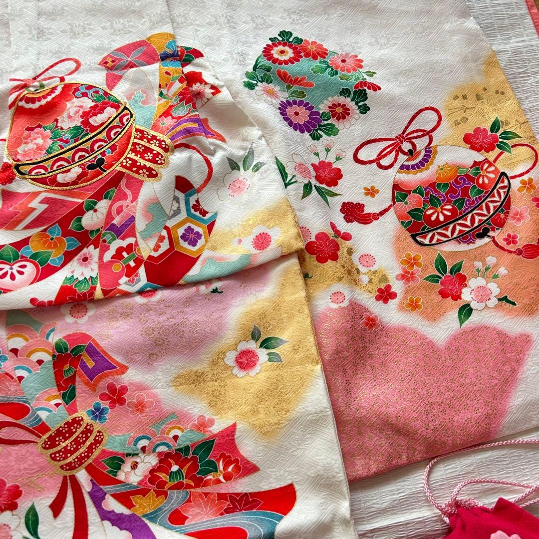 七五三 3歳 被布 着物 絹 三歳 白 ピンク 草履 753 巾着 女の子