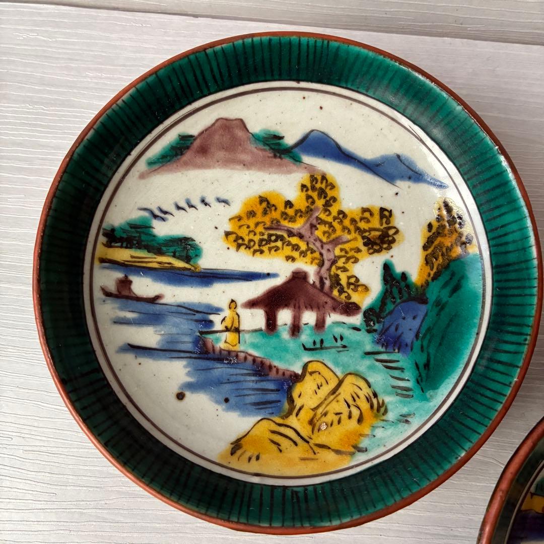 1枚訳あり】九谷焼 吉田屋窯 小皿 角福 山水 青手 年代物 共箱 和食器