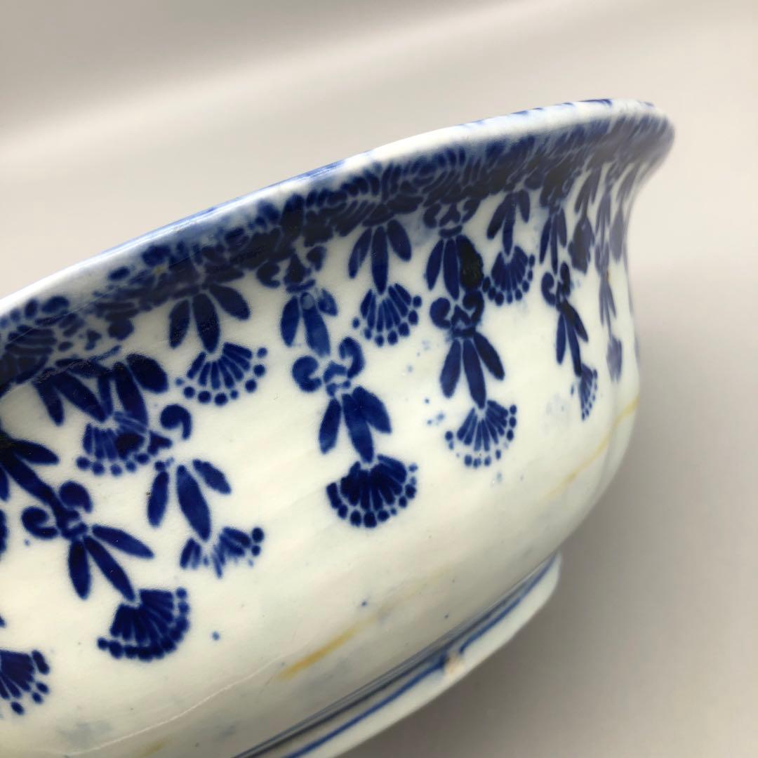 明治時代古伊万里渦巻き花微塵唐草文様ベロ藍印判手鉢ボウル26cm伊万里