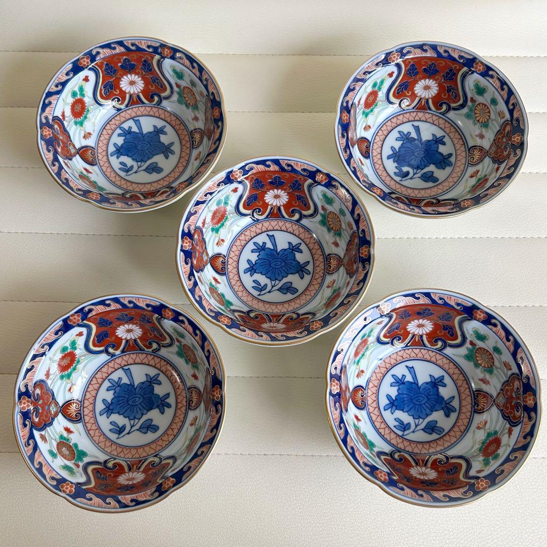 有田焼 弥左衛門窯 金彩古伊万里 小鉢揃 5枚セット 輪花鉢 赤絵 色絵