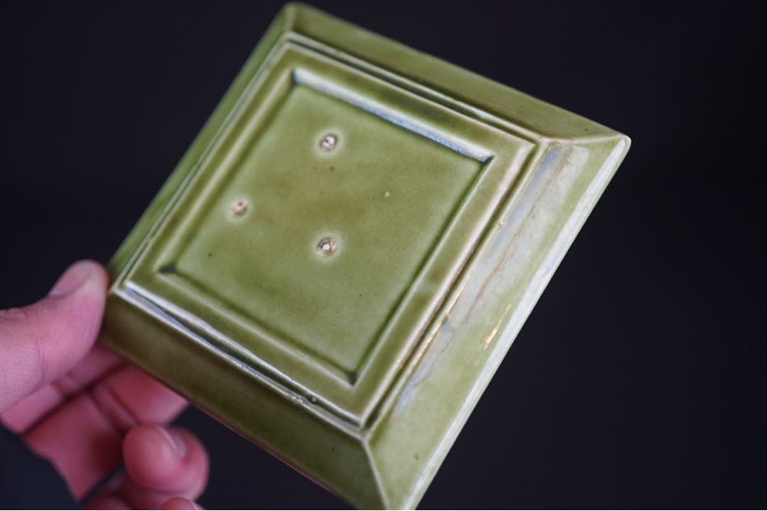 淡路珉平焼 緑釉 草文 四方小皿 9客 / 角皿 向付 豆皿 懐石料理道具