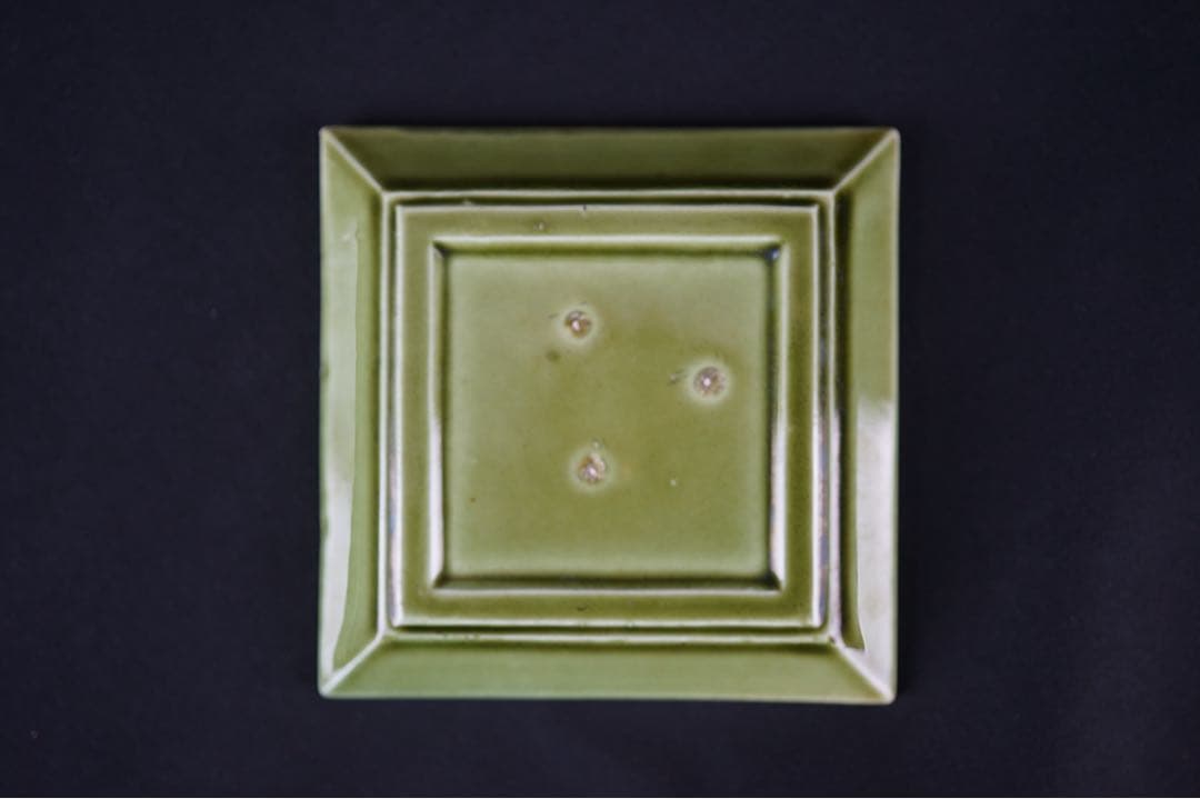 淡路珉平焼 緑釉 草文 四方小皿 9客 / 角皿 向付 豆皿 懐石料理道具