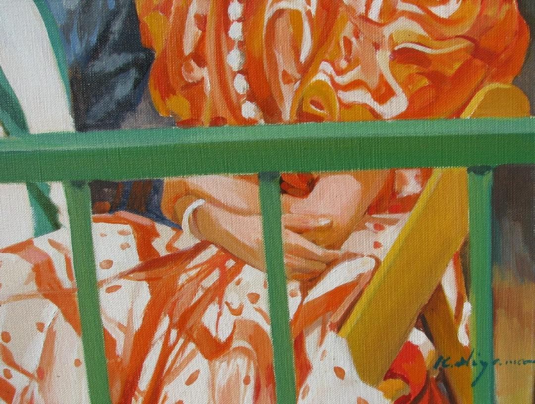 スペインの光と影,檜山健三「祭の日」8号油彩.鮮やかフラメンコのオレンジカラー