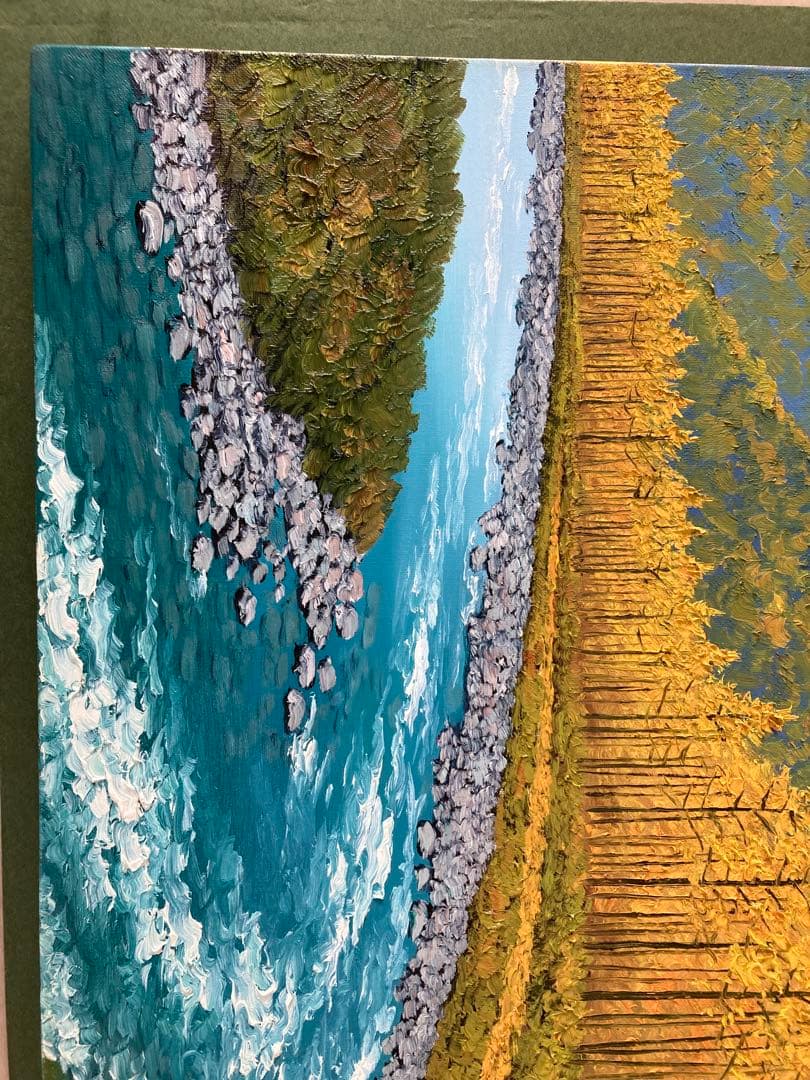 絵画　塚田國次　秋のカラ松林と梓川