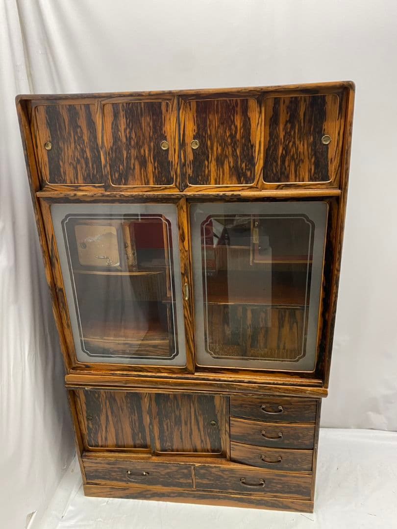 茶箪笥 黒柿張り 手描き襖 水屋箪笥 飾り棚 茶棚 古家具 杢目 木製 ガラス