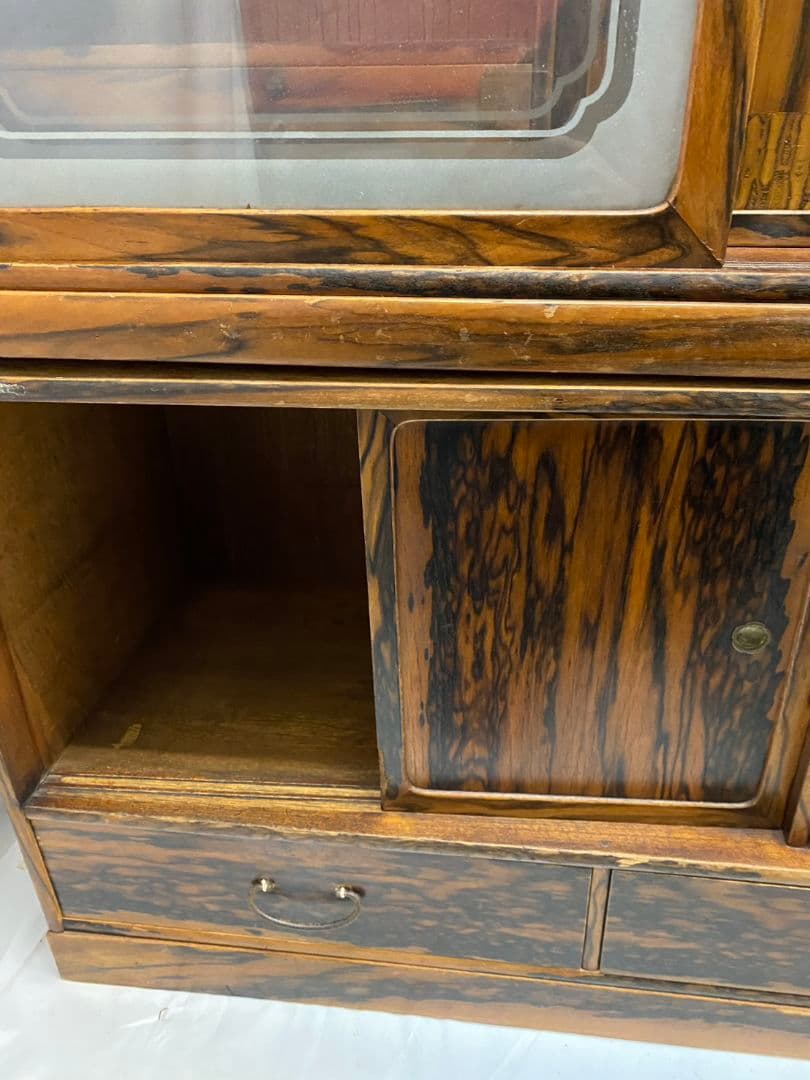 茶箪笥 黒柿張り 手描き襖 水屋箪笥 飾り棚 茶棚 古家具 杢目 木製 ガラス