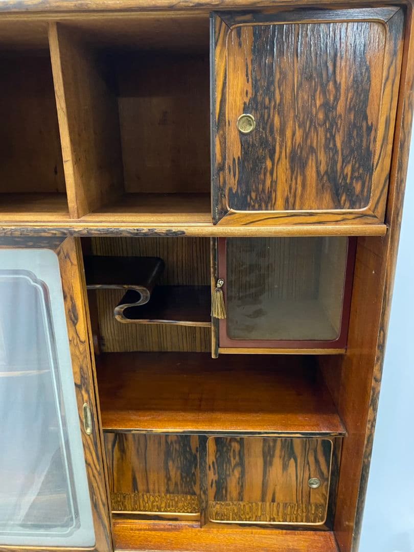 茶箪笥 黒柿張り 手描き襖 水屋箪笥 飾り棚 茶棚 古家具 杢目 木製 ガラス