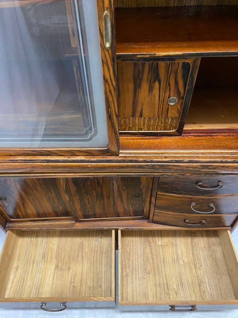 茶箪笥 黒柿張り 手描き襖 水屋箪笥 飾り棚 茶棚 古家具 杢目 木製 ガラス