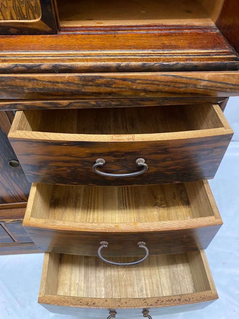 茶箪笥 黒柿張り 手描き襖 水屋箪笥 飾り棚 茶棚 古家具 杢目 木製 ガラス