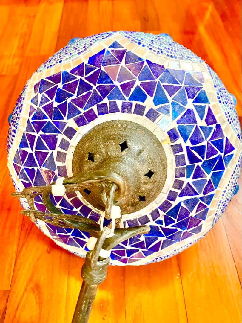 トルコランプ 美品 希少 吊り下げ ブルー 青 ガラスビーズ 引掛