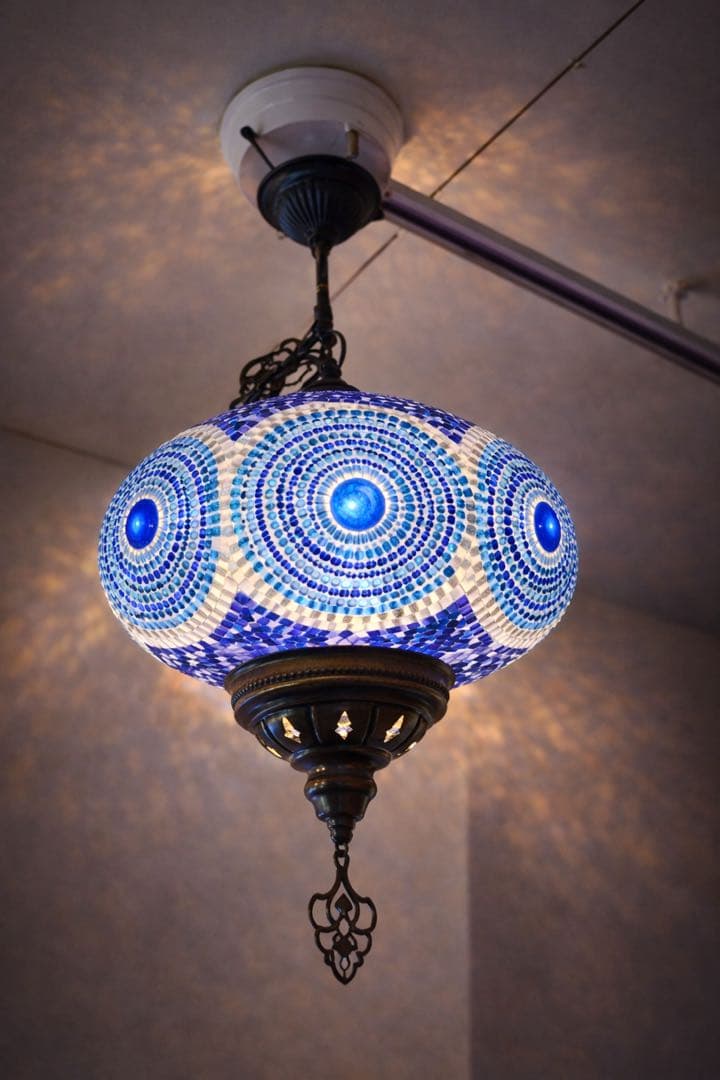 トルコランプ 美品 希少 吊り下げ ブルー 青 ガラスビーズ 引掛