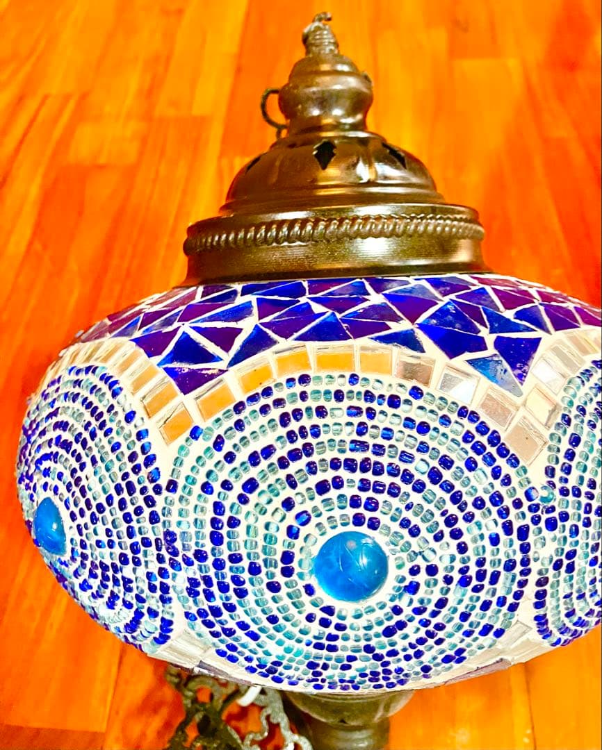 トルコランプ 美品 希少 吊り下げ ブルー 青 ガラスビーズ 引掛