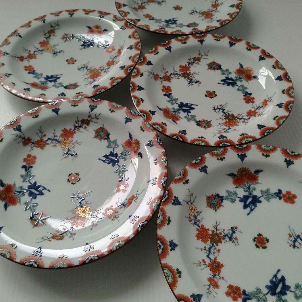 有田焼 其泉 賞美堂 金彩 色絵 梅菊文 和皿 中皿 6寸 18,5cm 5客揃