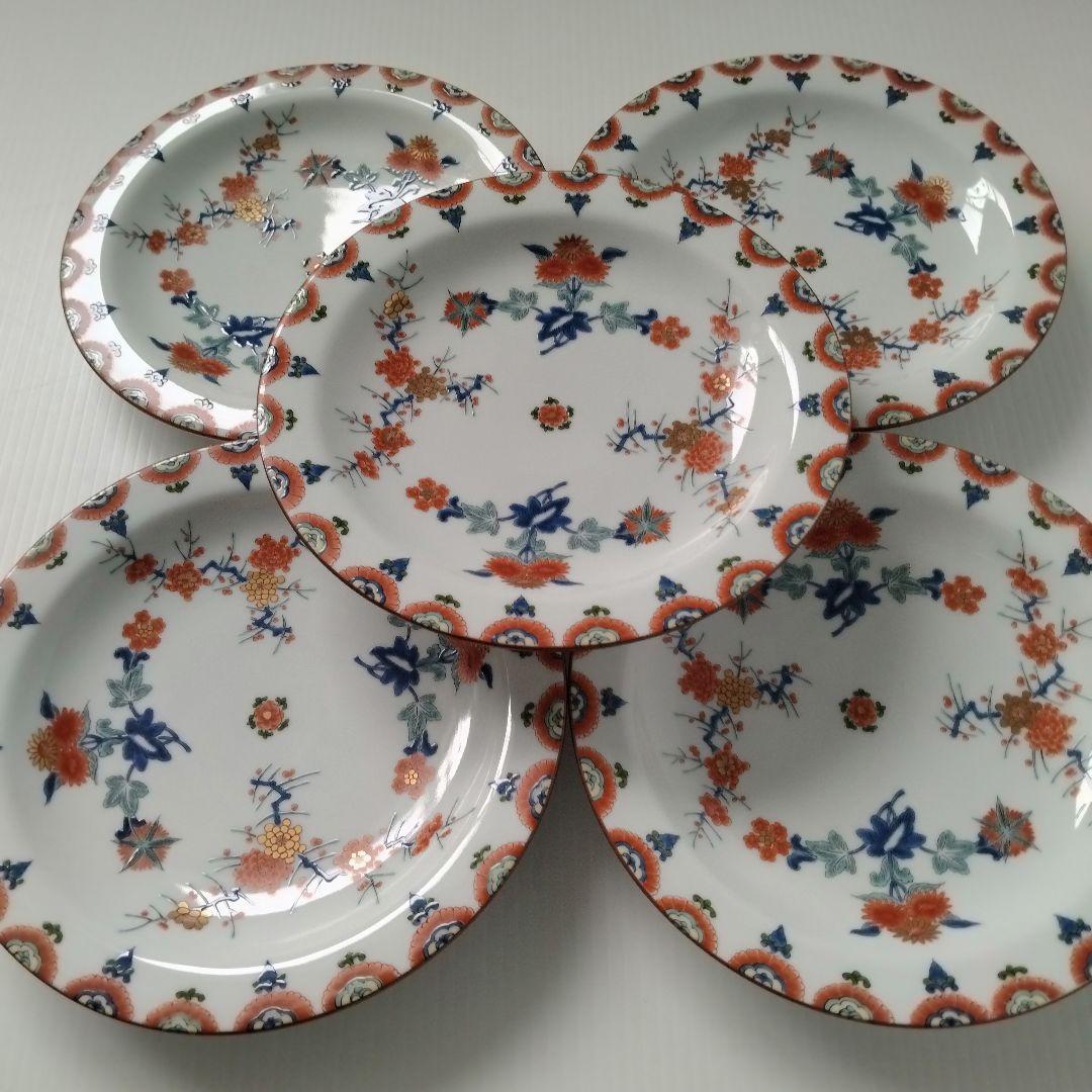 有田焼 其泉 賞美堂 金彩 色絵 梅菊文 和皿 中皿 6寸 18,5cm 5客揃