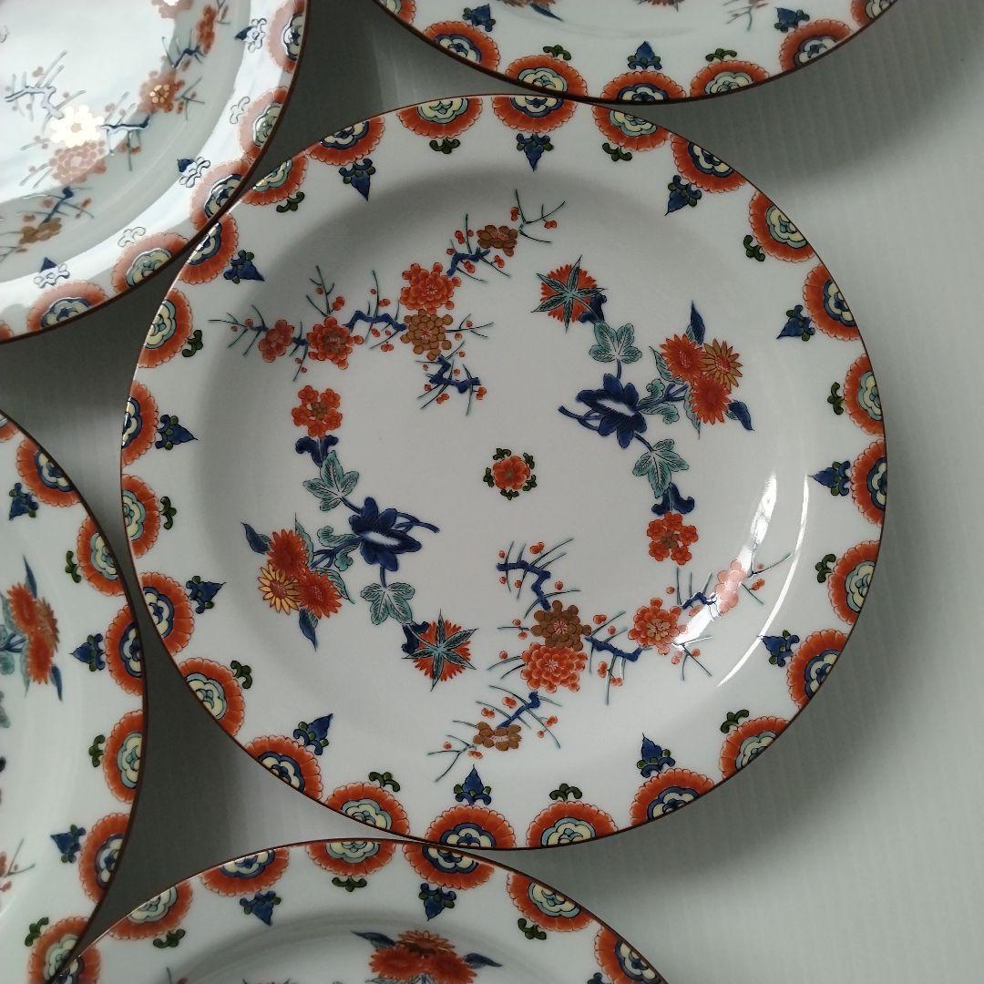 有田焼 其泉 賞美堂 金彩 色絵 梅菊文 和皿 中皿 6寸 18,5cm 5客揃