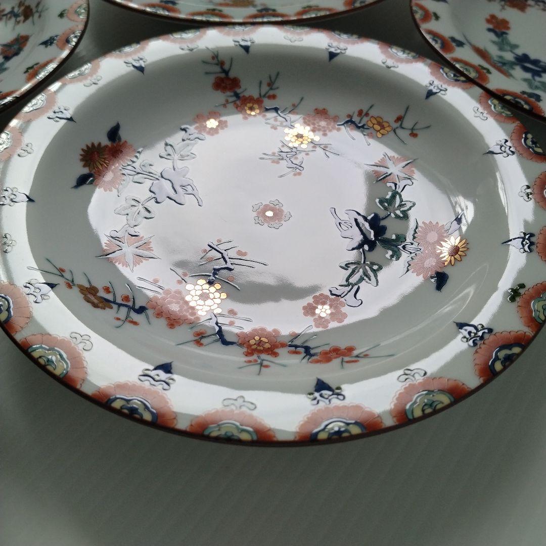 有田焼 其泉 賞美堂 金彩 色絵 梅菊文 和皿 中皿 6寸 18,5cm 5客揃