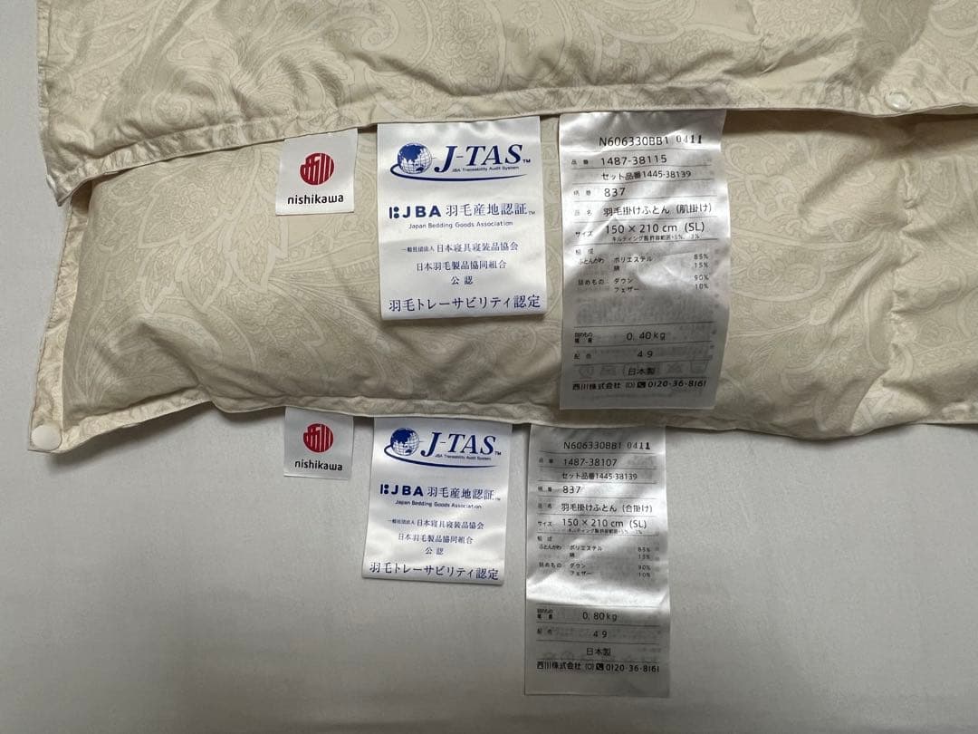 【オールシーズン 】2枚合せ フランス産ホワイトダウン羽毛布団 シングル 日本製