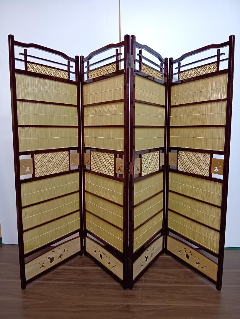 高級溜塗屏風「六瓢」四つ折り 御簾屏風 W47×4曲×H135