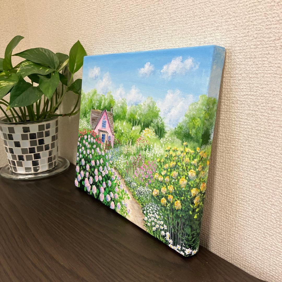 絵画 原画 風景画 花の絵 キャンバス F3 『初夏の花に囲まれたおうち