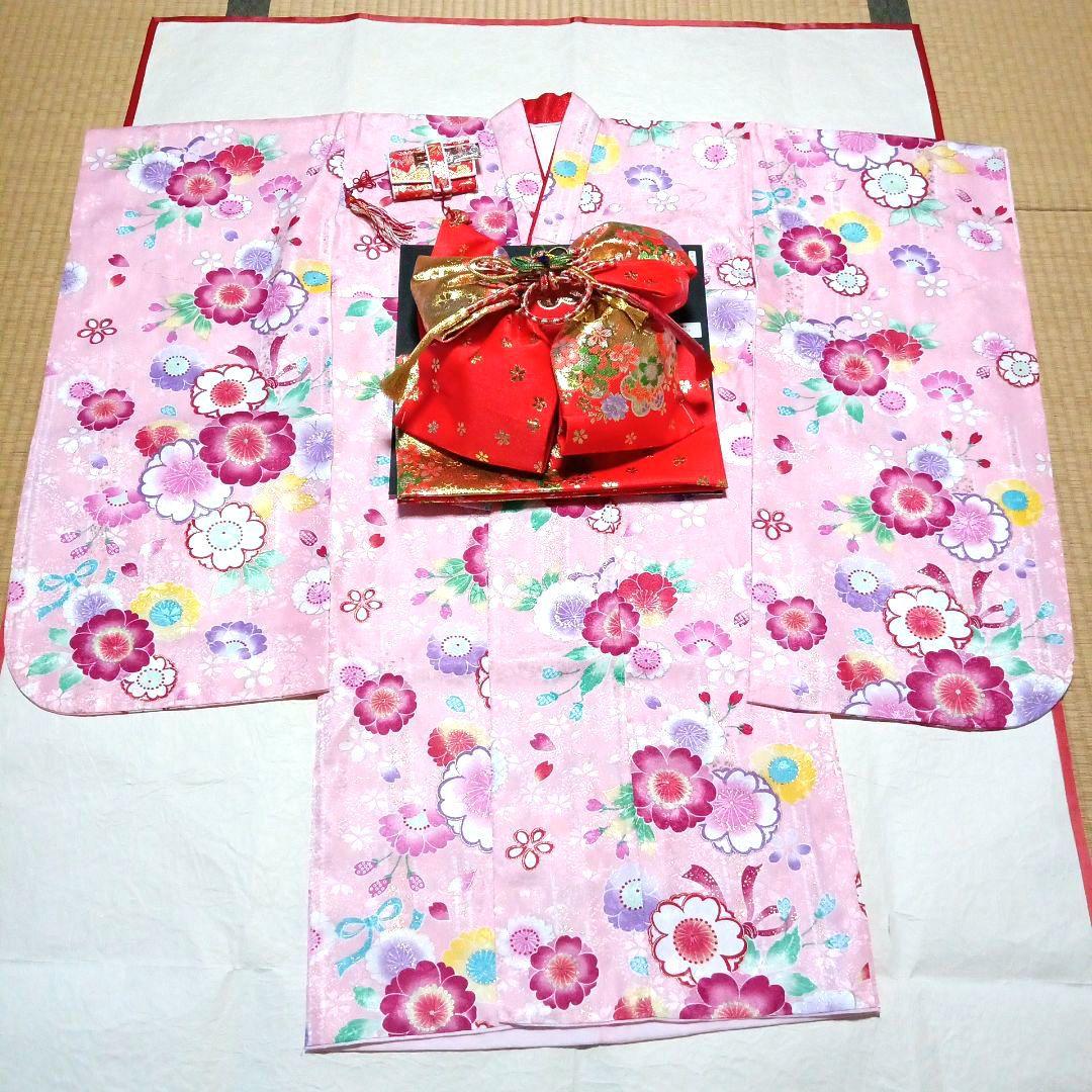 七五三　七歳　着物・長襦袢・未使用結び帯フルセット　(32)