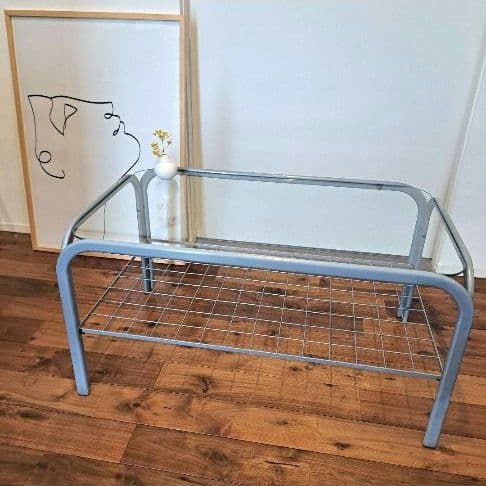 80年代ガラス天板テーブル　グレー　ローテーブル　昭和レトロ