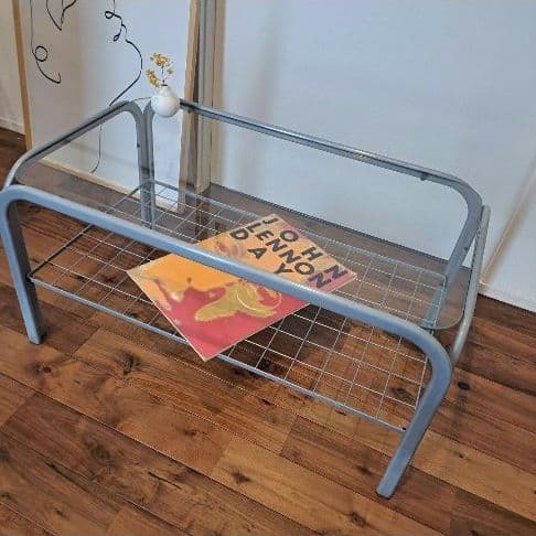 80年代ガラス天板テーブル　グレー　ローテーブル　昭和レトロ