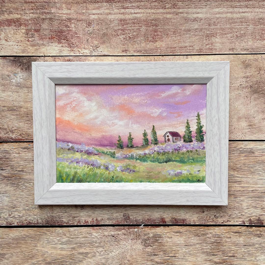 オイルパステル画　アクリル画　美しい夕陽の風景　風景画　ご予約品