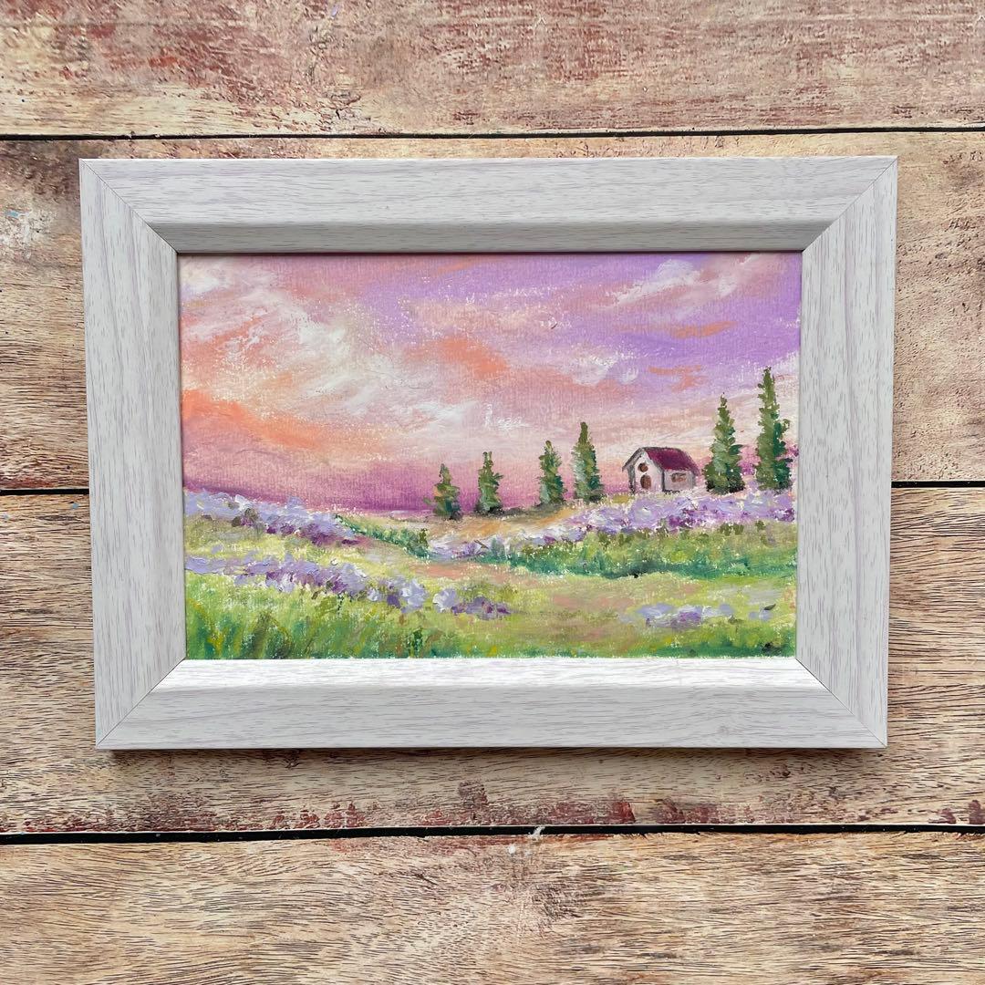 オイルパステル画　アクリル画　美しい夕陽の風景　風景画　ご予約品