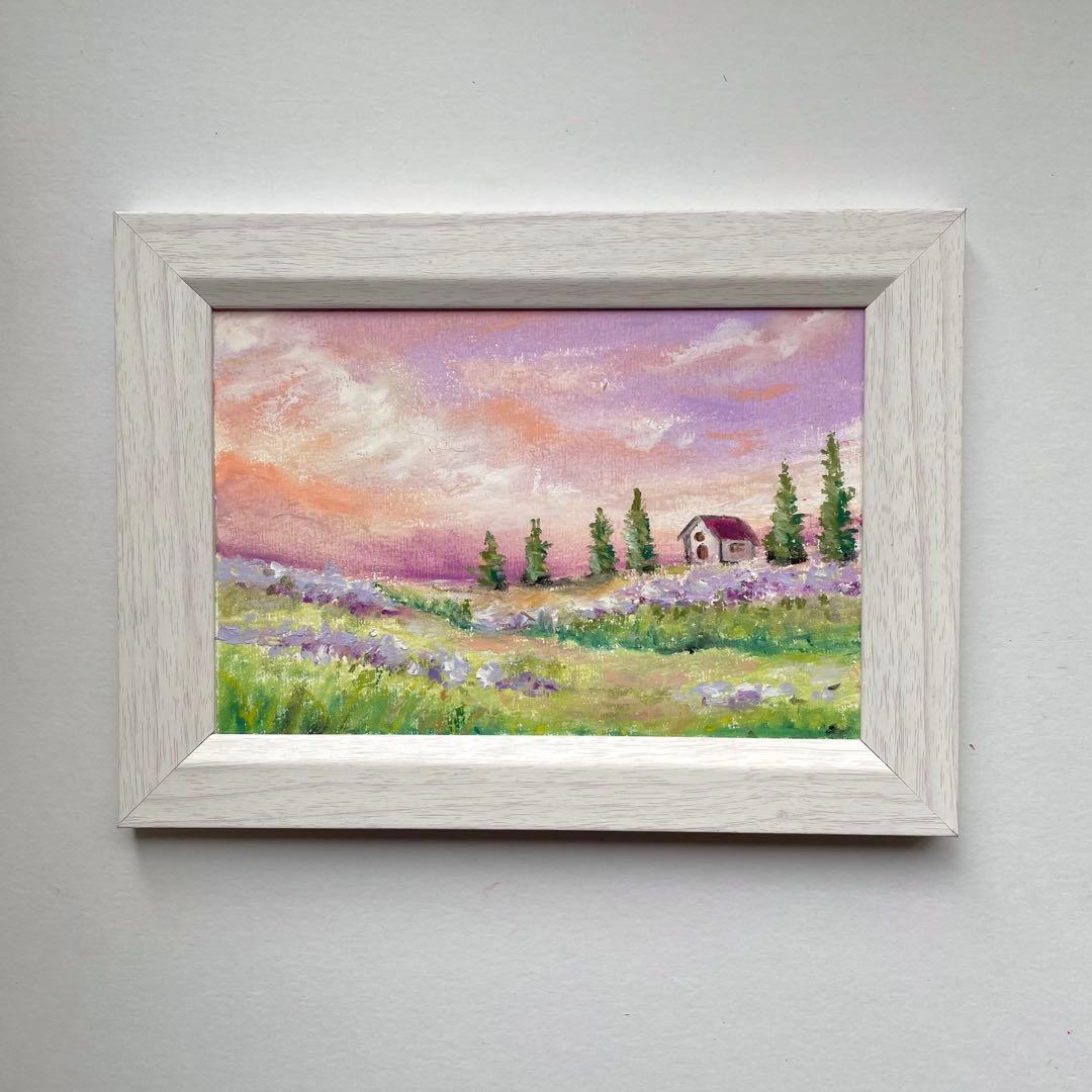 オイルパステル画　アクリル画　美しい夕陽の風景　風景画　ご予約品