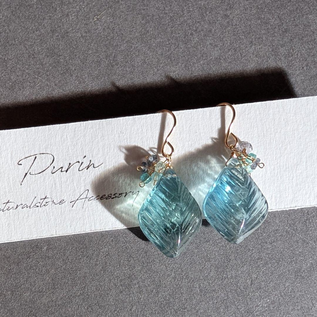 のんたん様 1点物✧︎フローライト リーフカービングピアス