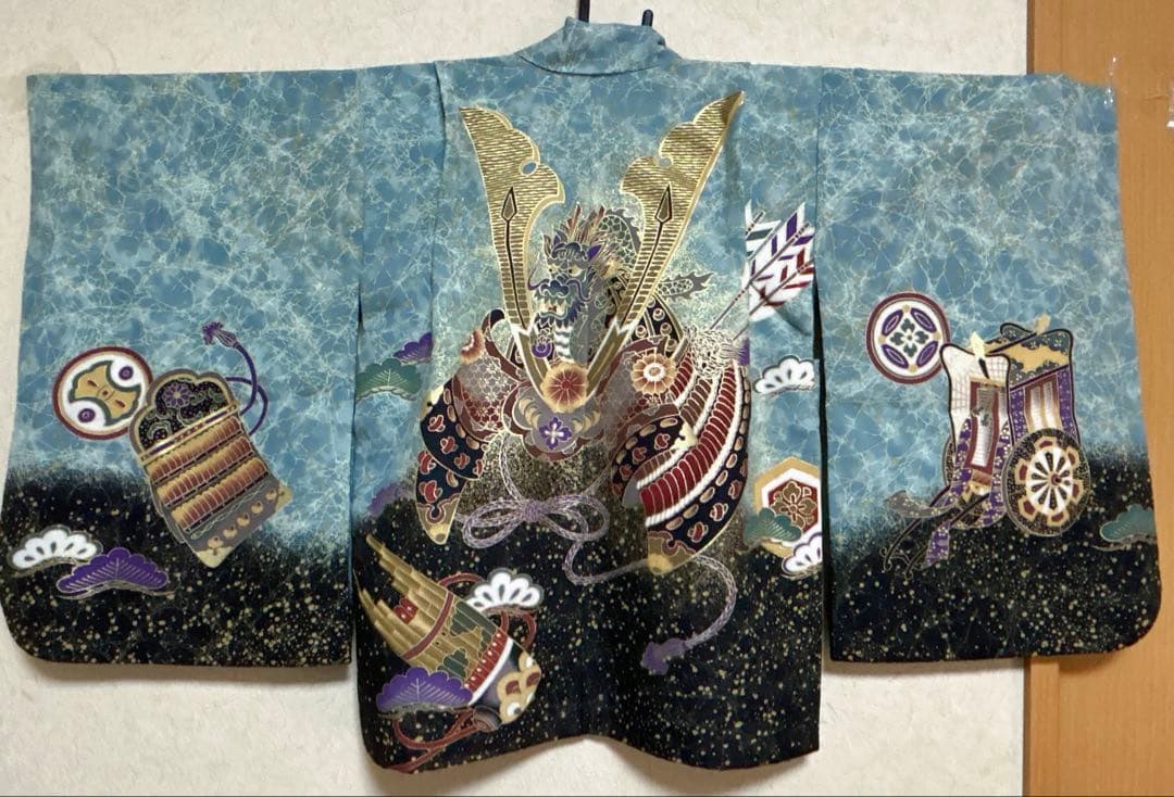 (七五三)3歳の男の子、3点セット羽織、緑色に黒のグラデーションが美しい6525