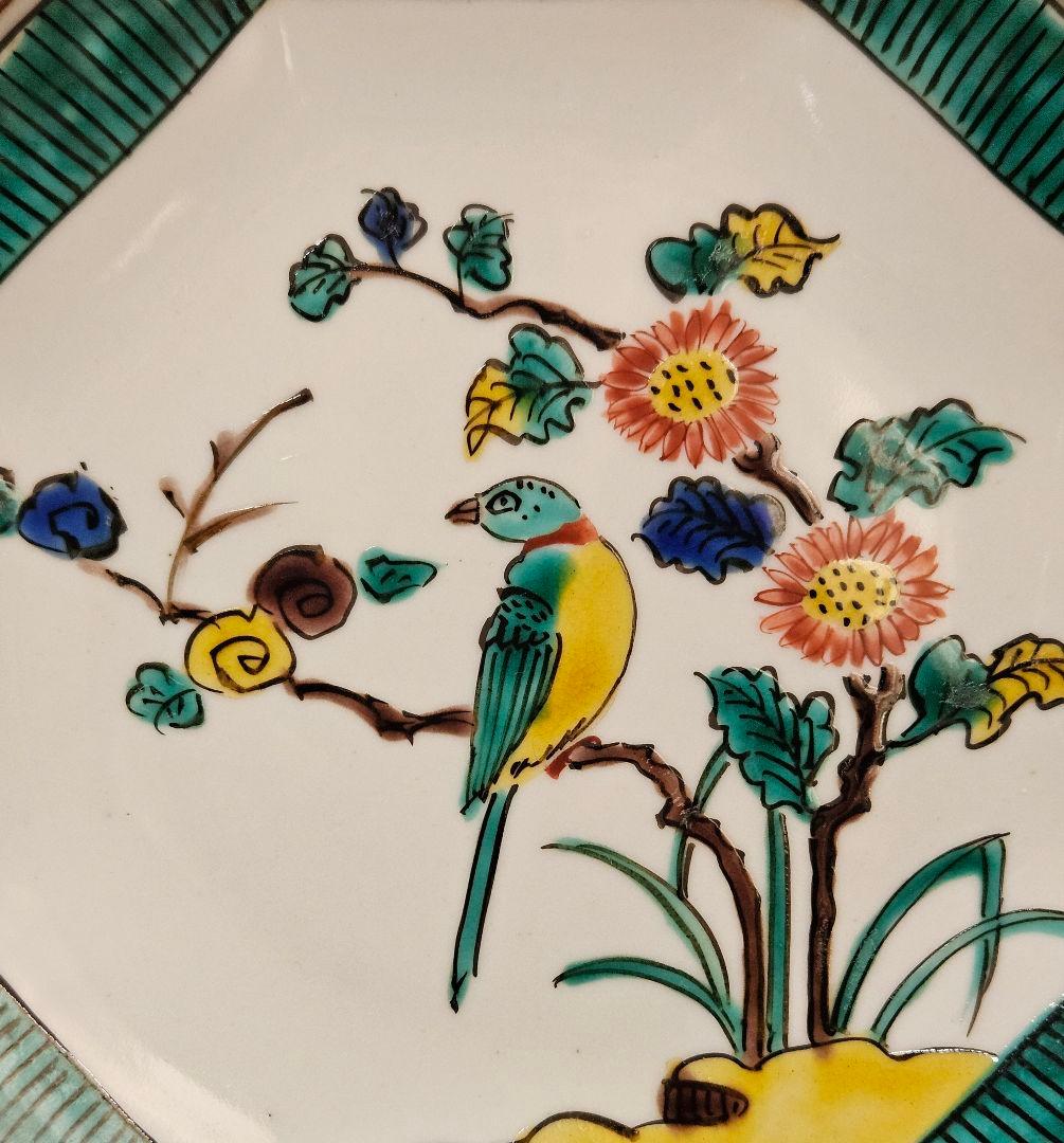 明治時代～大正時代 九谷焼 青手九谷 花鳥図 八角皿 【二重角福】銘