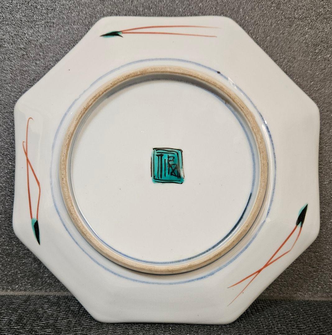 明治時代～大正時代 九谷焼 青手九谷 花鳥図 八角皿 【二重角福】銘