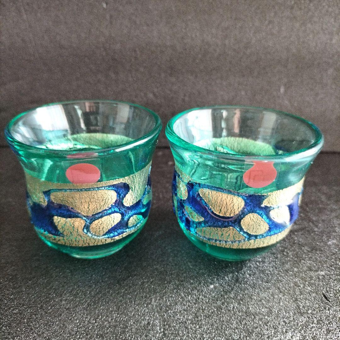 青森伝統工芸品 津軽びいどろ金彩碧瑠璃酒器セットと九谷青粒鉄