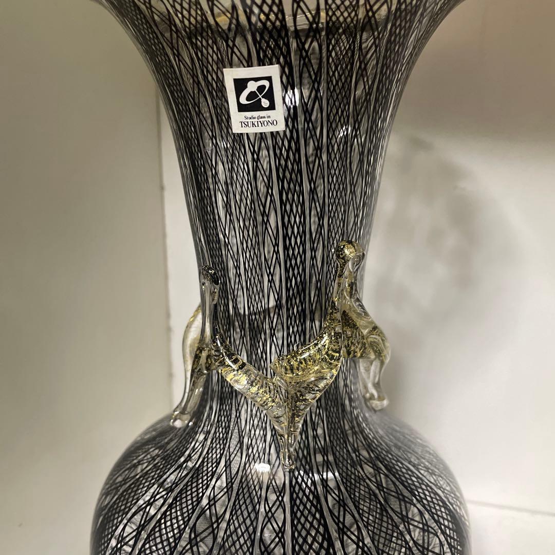 美品 希少 月夜野工房 花瓶 金彩ブラックレース花瓶 レースガラス