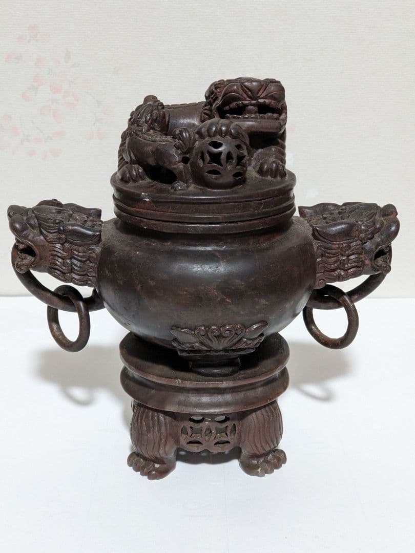 ♦中国 透かし彫り 麒麟 獅子飾り自在遊環双耳四足香炉 手彫り玉石彫刻 骨董品