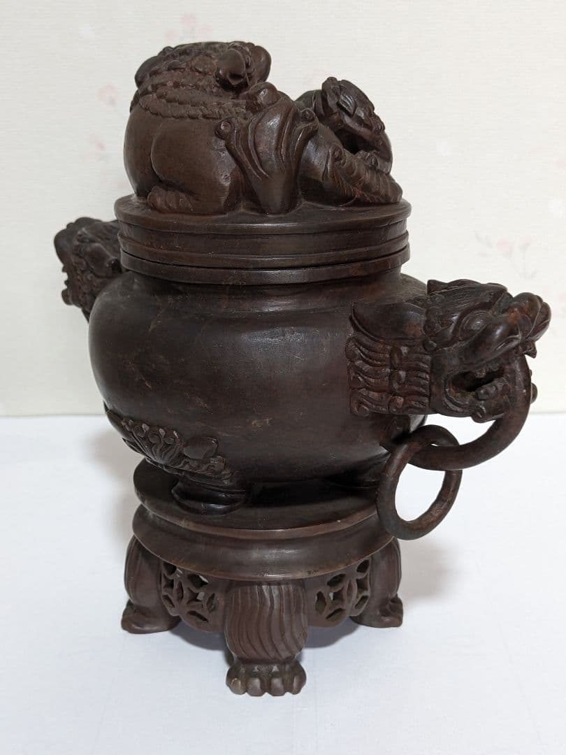 ♦中国 透かし彫り 麒麟 獅子飾り自在遊環双耳四足香炉 手彫り玉石彫刻 骨董品
