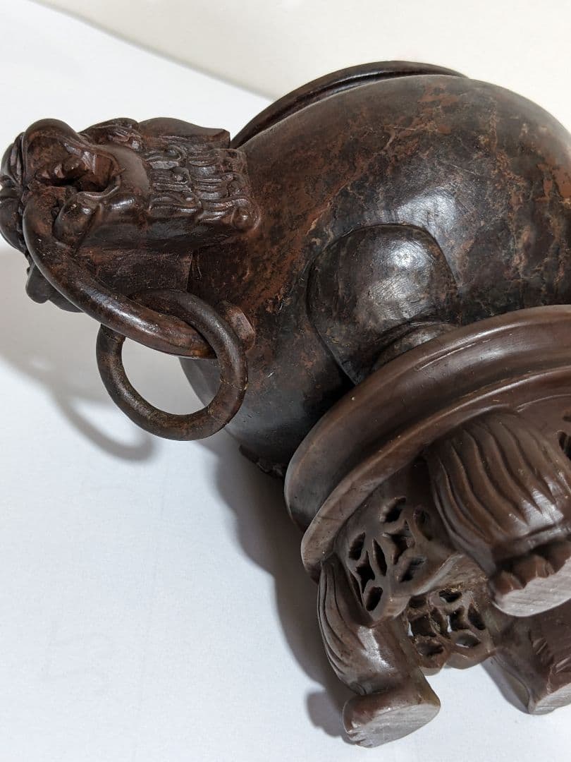 ♦中国 透かし彫り 麒麟 獅子飾り自在遊環双耳四足香炉 手彫り玉石彫刻 骨董品