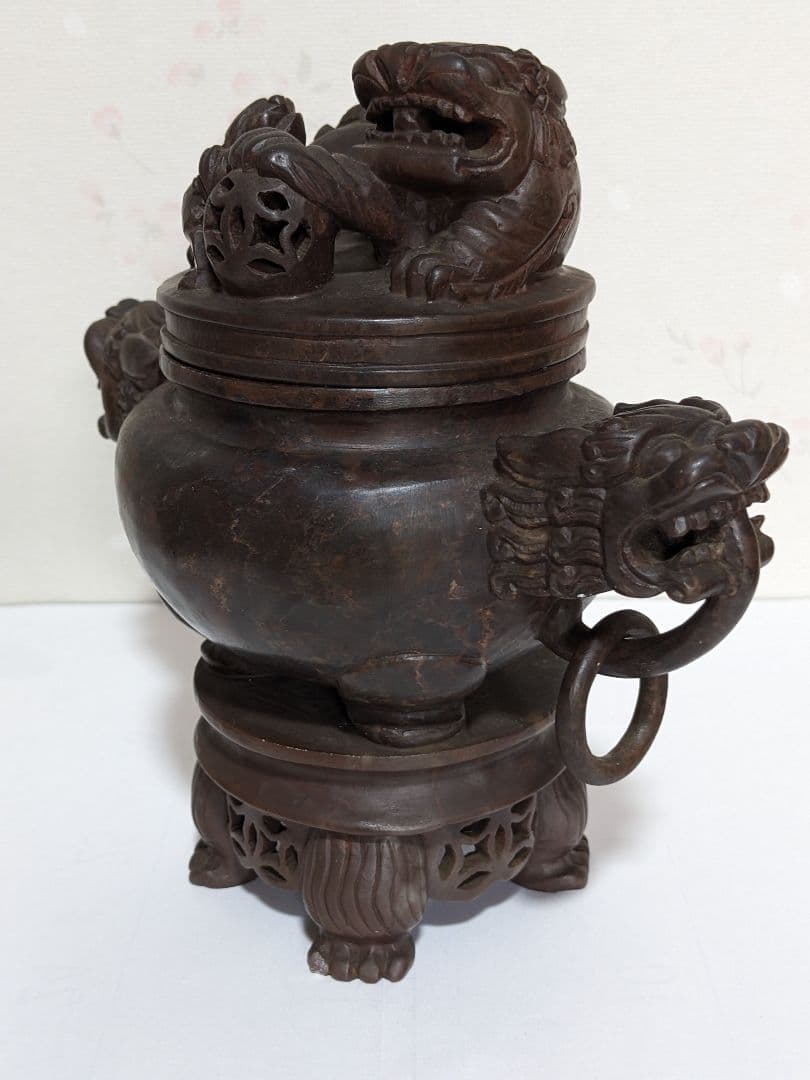 ♦中国 透かし彫り 麒麟 獅子飾り自在遊環双耳四足香炉 手彫り玉石彫刻 骨董品