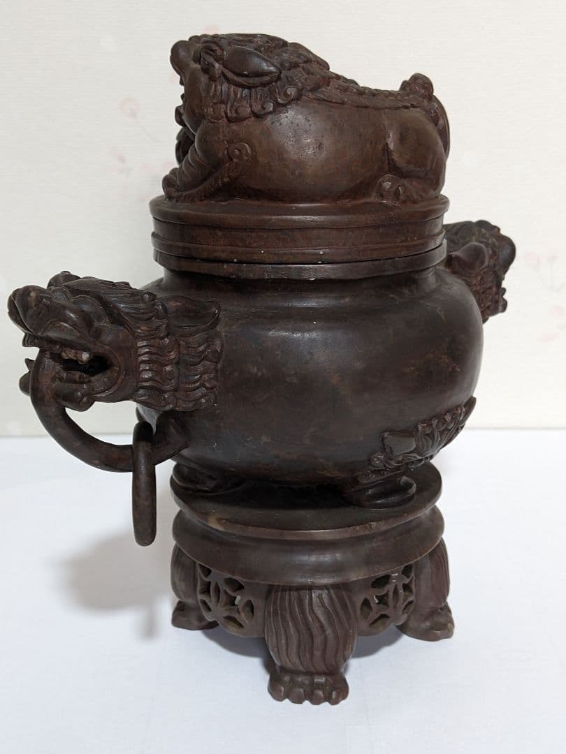 ♦中国 透かし彫り 麒麟 獅子飾り自在遊環双耳四足香炉 手彫り玉石彫刻 骨董品